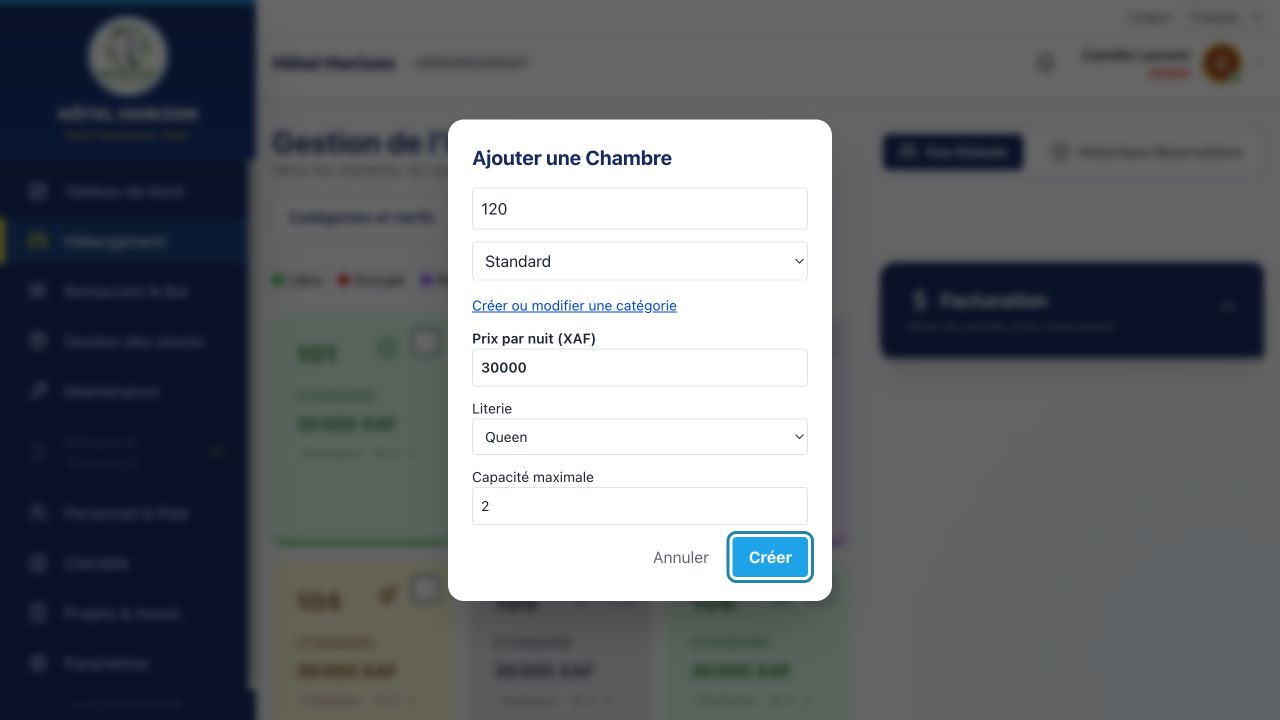 Créer la chambre— interface du logiciel en français