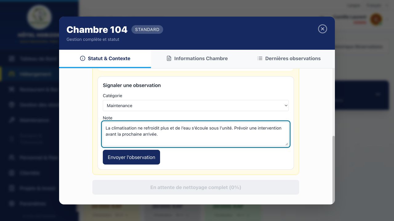 Saisie d’une observation de maintenance et bouton d’envoi dans la fiche de chambre